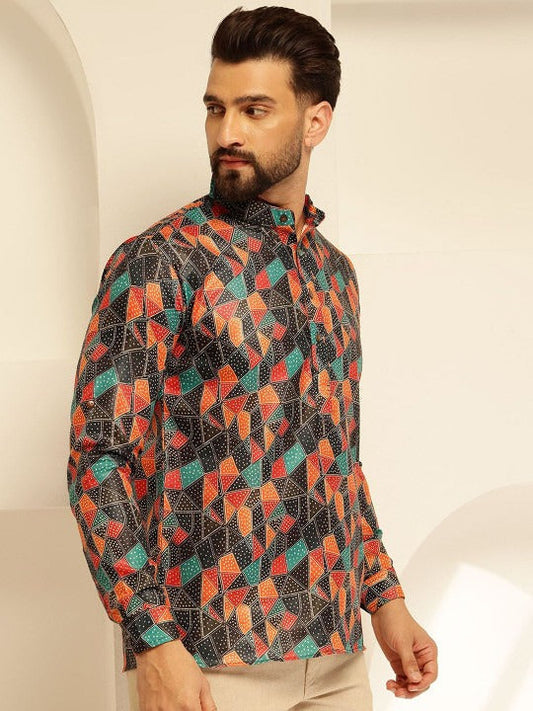 Men's Multicolor Geometric Print Mandarin Collar Kurta Shirt