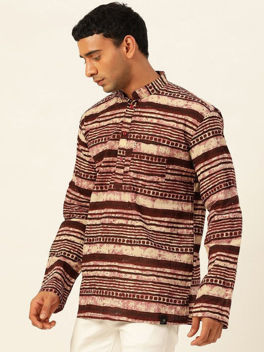 Men’s Brown Tribal Striped Ethnic Kurta Shirt