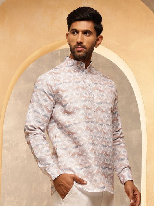 Men's Premium Jacquard Ethnic Kurta Shirt – Pearl White Geometric Pattern | Novasol