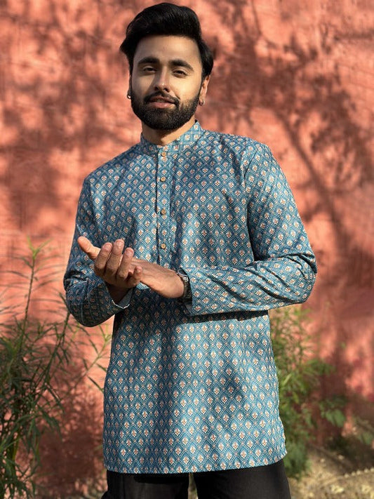 Men’s Ethnic Printed Mandarin Collar Kurta Shirt – Blue Geometric Pattern | Regular Fit Casual Festive Wear