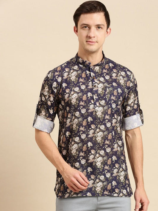 Men’s Navy Blue Floral Printed Pathani Kurta | Ethnic Casual Long Sleeve Kurta