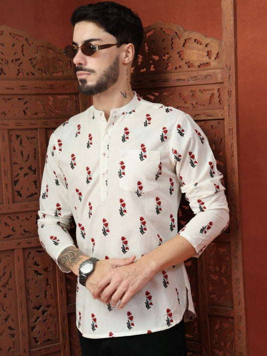 Men’s Off White Floral Printed Mandarin Collar Casual Kurta Shirt