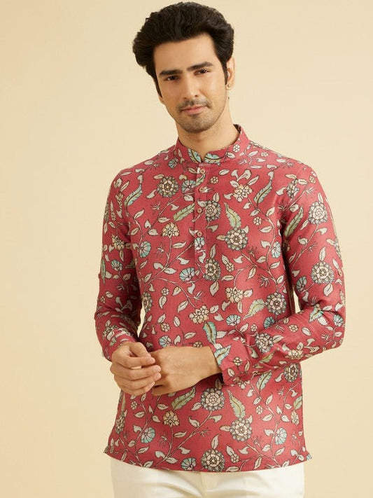 Men’s Premium Floral Printed Mandarin Collar Kurta Shirt – Coral Pink