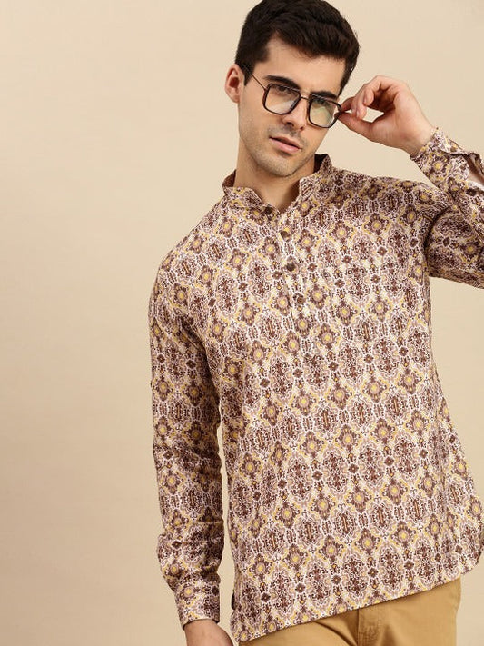 Novasol Men’s Beige Printed Mandarin Collar Casual Kurta Shirt – Full Sleeve Ethnic Wear