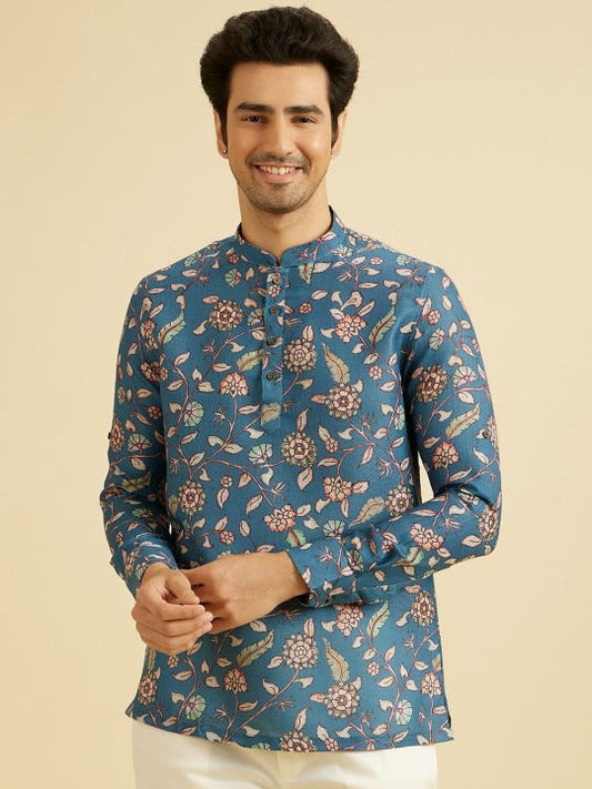 Blue Floral Printed Mandarin Collar Kurta Shirt for Men