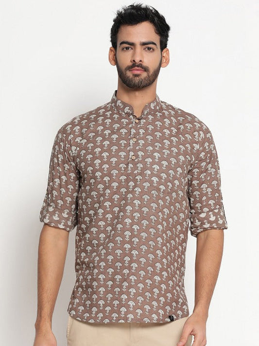 Men’s Brown Ethnic Motif Printed Mandarin Collar Kurta Shirt