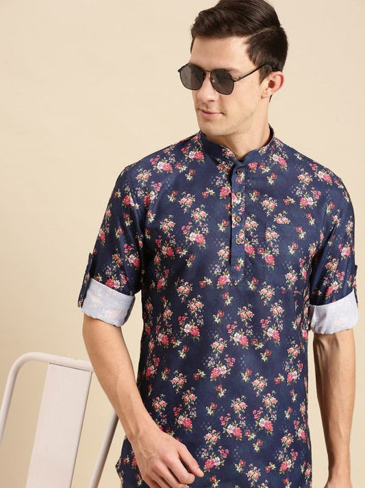 Navy Blue Floral Printed Men’s Short Kurta Shirt