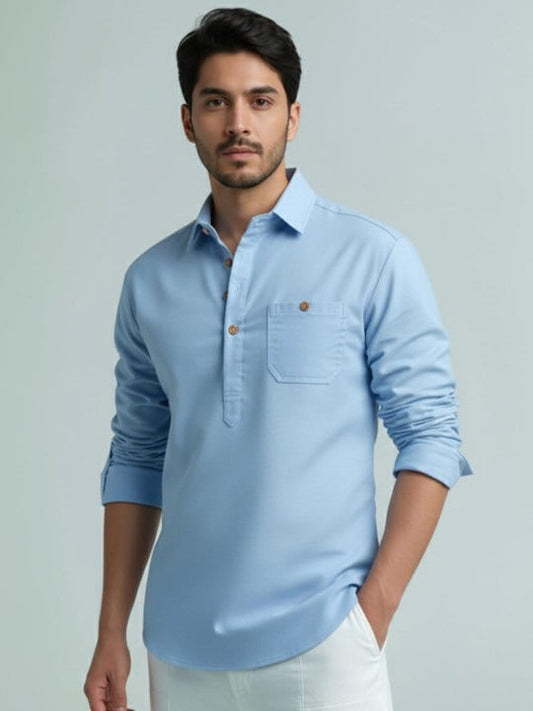 Novasol Men’s Sky Blue Solid Casual Shirt – Full Sleeve Cotton Blend Smart Casual Shirt