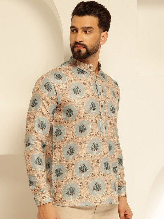 Men’s Premium Printed Mandarin Collar Kurta Shirt – Beige & Blue Ethnic Pattern