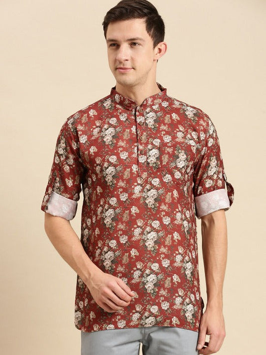Men’s Red Floral Printed Mandarin Collar Kurta Shirt