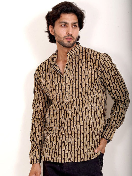 Men’s Beige & Black Vertical Print Mandarin Collar Casual Shirt