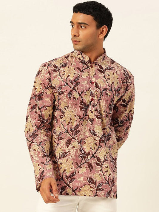 Men’s Pink Floral Printed Ethnic Kurta Shirt